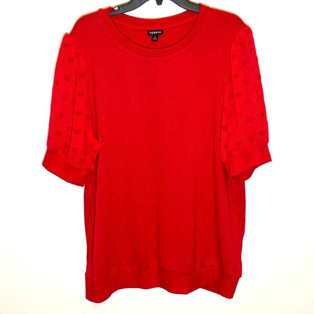 Torrid Red Heart Sheer Sleeve Top Size 2 2X Puff Sleeve
